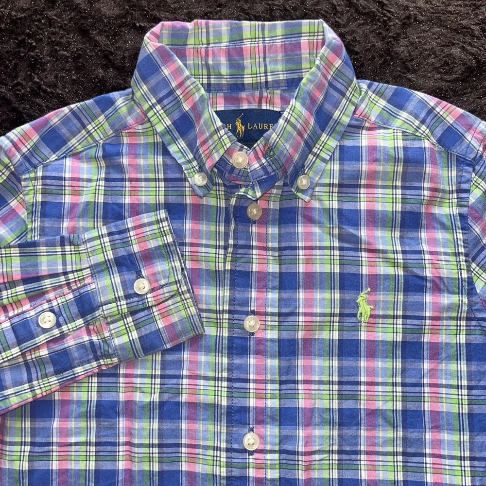 Boys Size 4 Button Down Shirt Ralph Lauren Blue Pink Green‎ Plaid Long Sleeve
